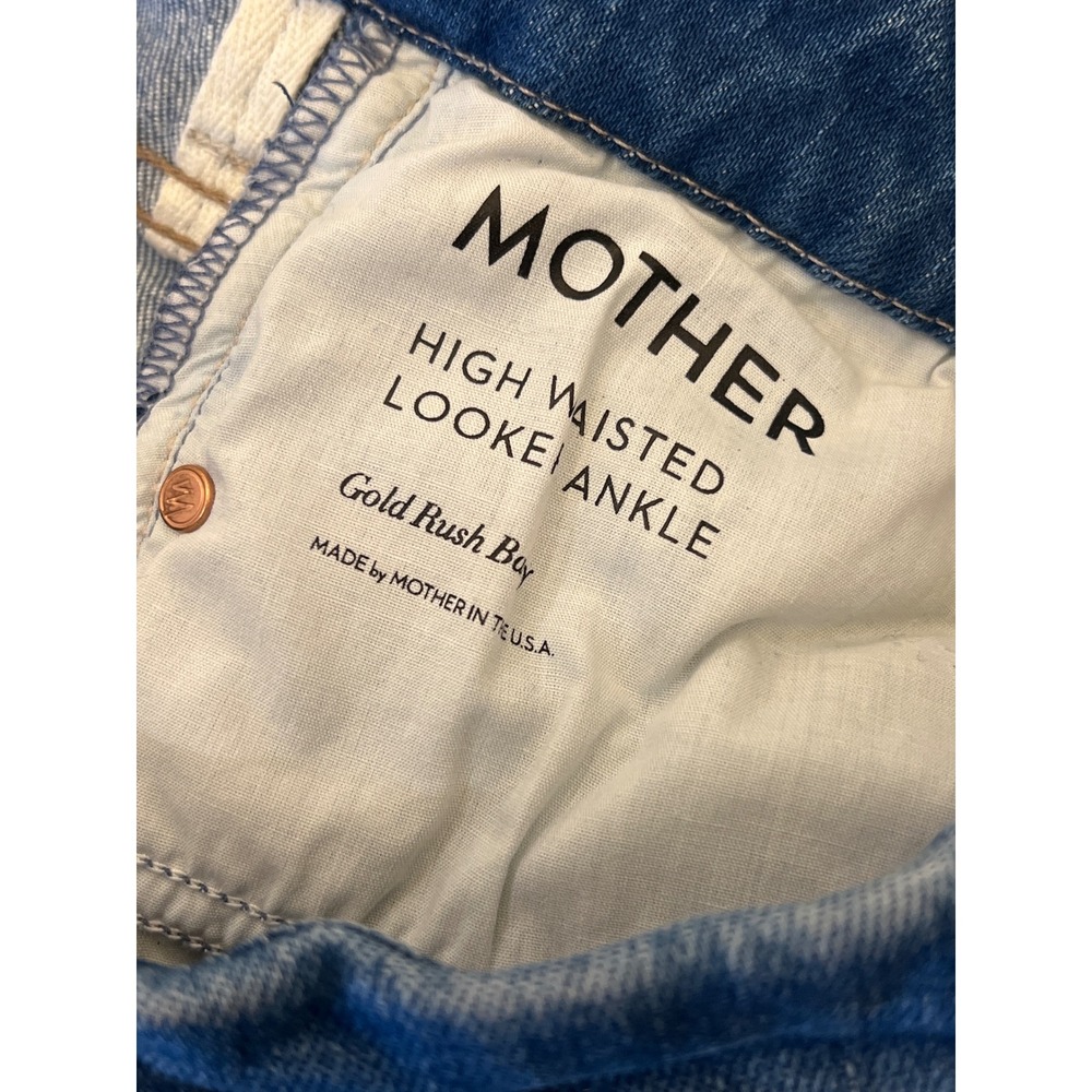 MOTHER High Waisted Looker Ankle Distressed Knee Jeans in‎ Gold Rush Baby